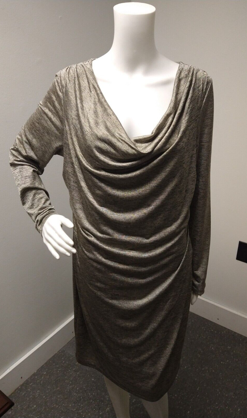T Tahari Black Gold Lurex Dress Womens L Gathered Metallic Holiday