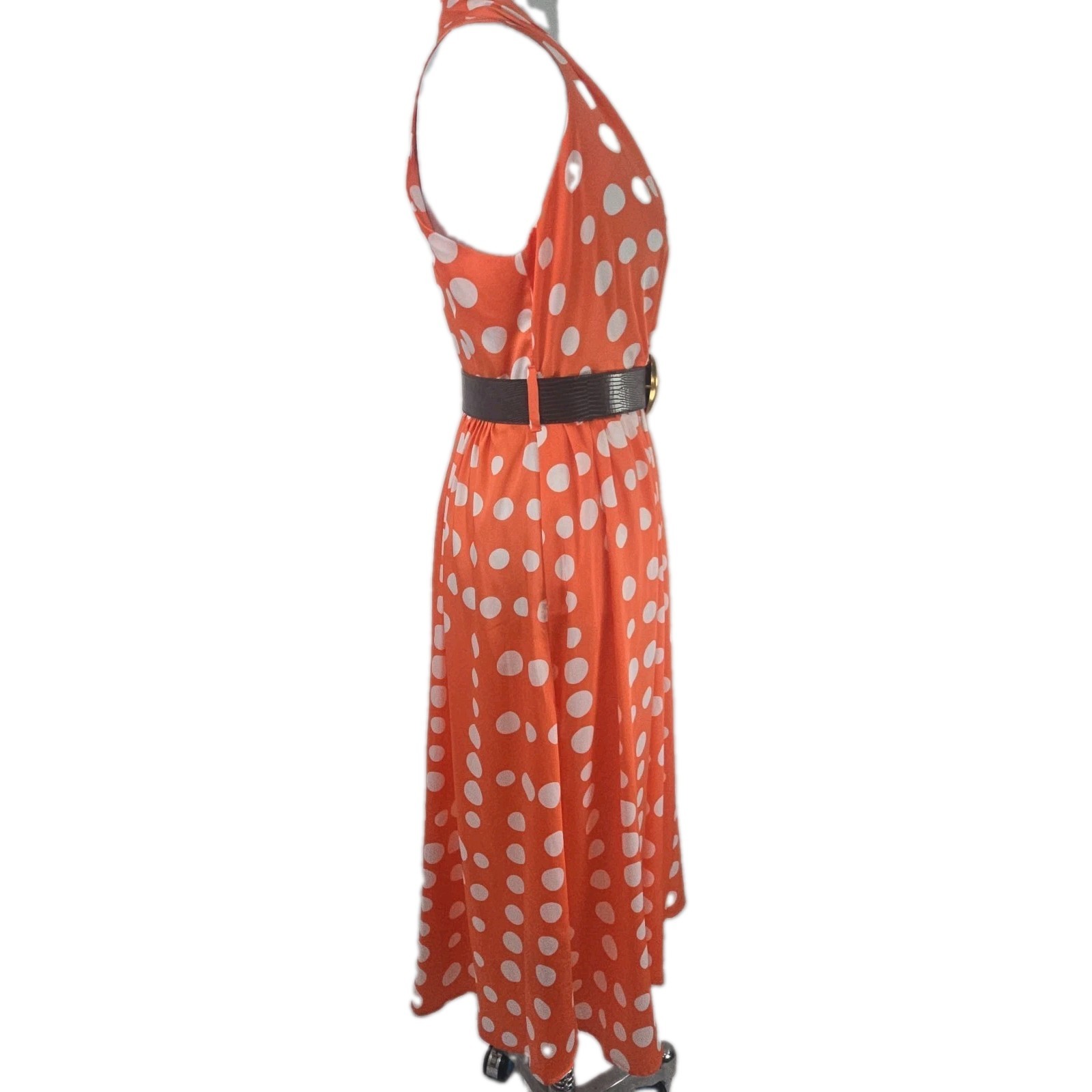Donna Karen New York Orange Dot Print V-neck Halter Style MIDI Dress Size 4 NWT