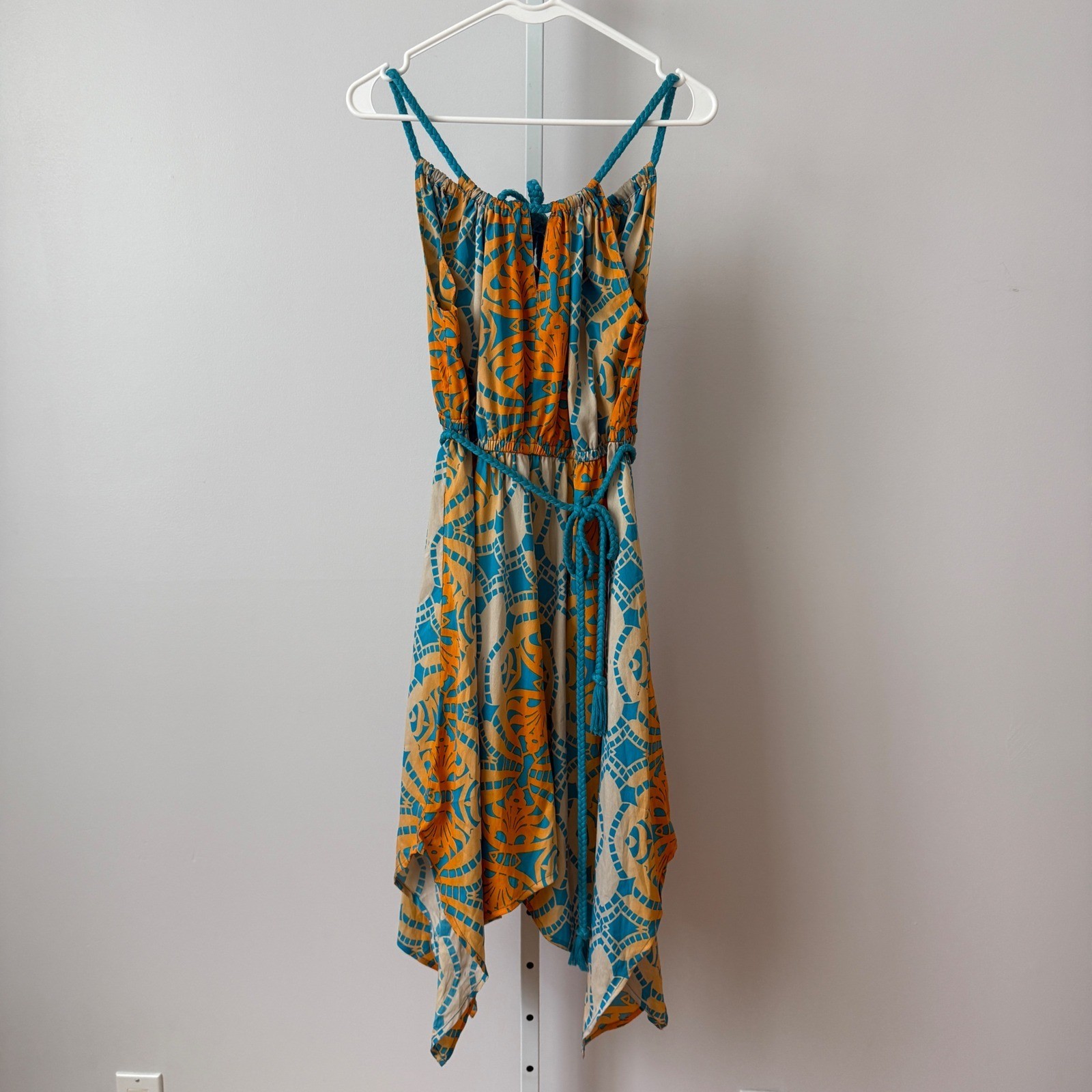 Route 66 S Blue Orange Sundress Braided Straps Handkerchief Hem Boho Festival