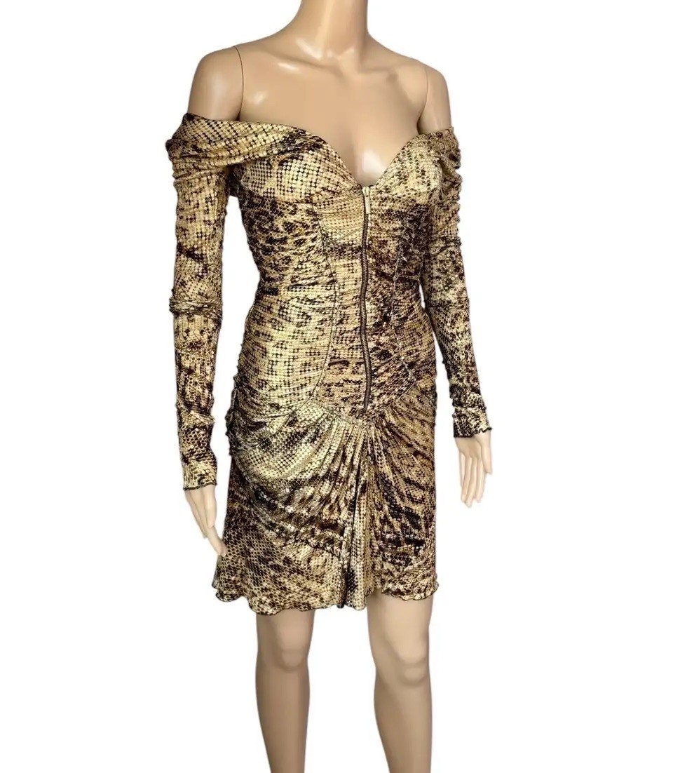 Roberto Cavalli F/W 2003 Runway Plunging Bustier Ruched Zipper Metallic Dress