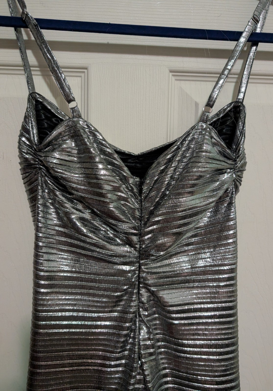 Georgia Hardinge Silver Bodycon Midi Dress UK.6 US 2 Stretchy Spaghetti Strap