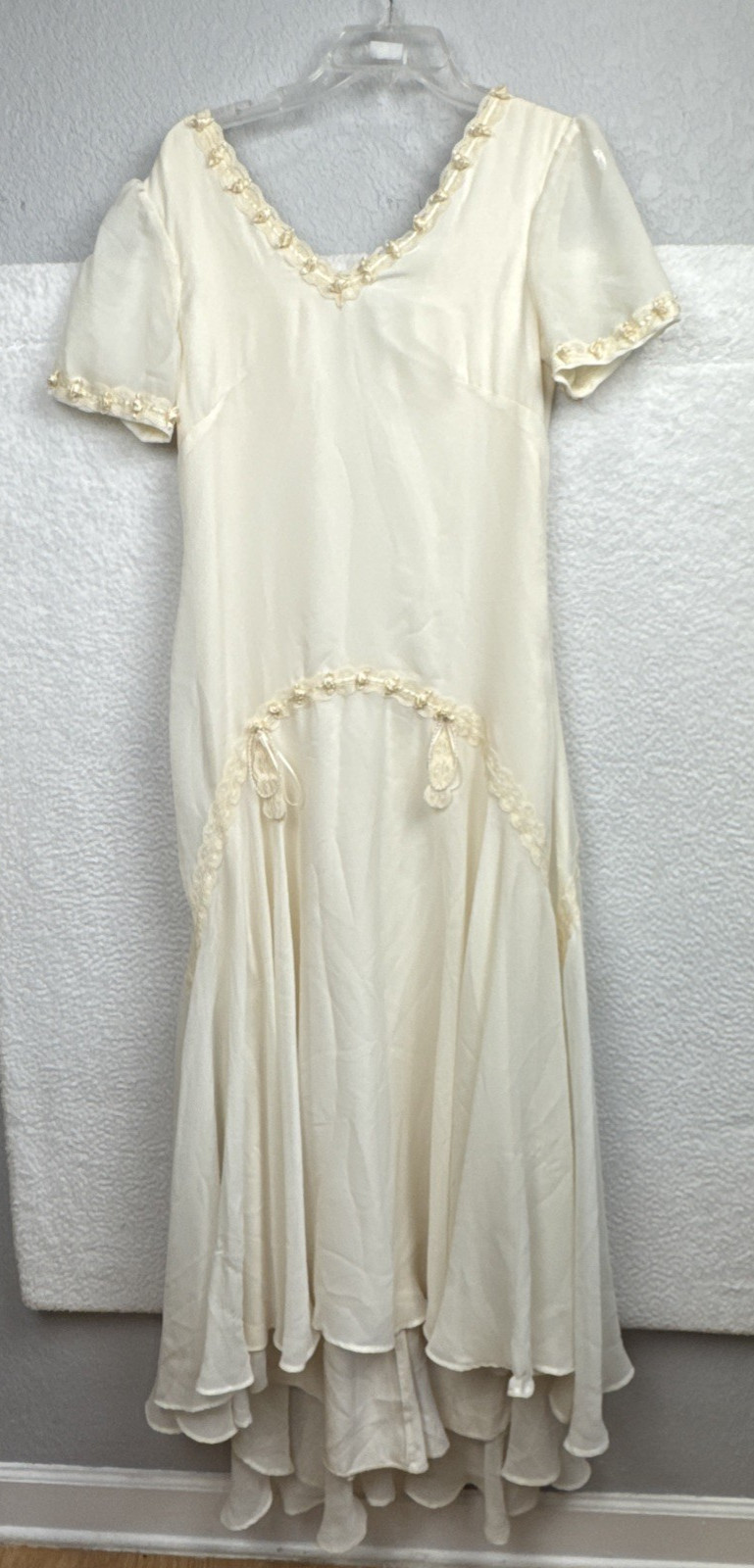 Women’s Ivory Cream Lace Bead Accent Maxi Dress Cottagecore Bridal Elegant