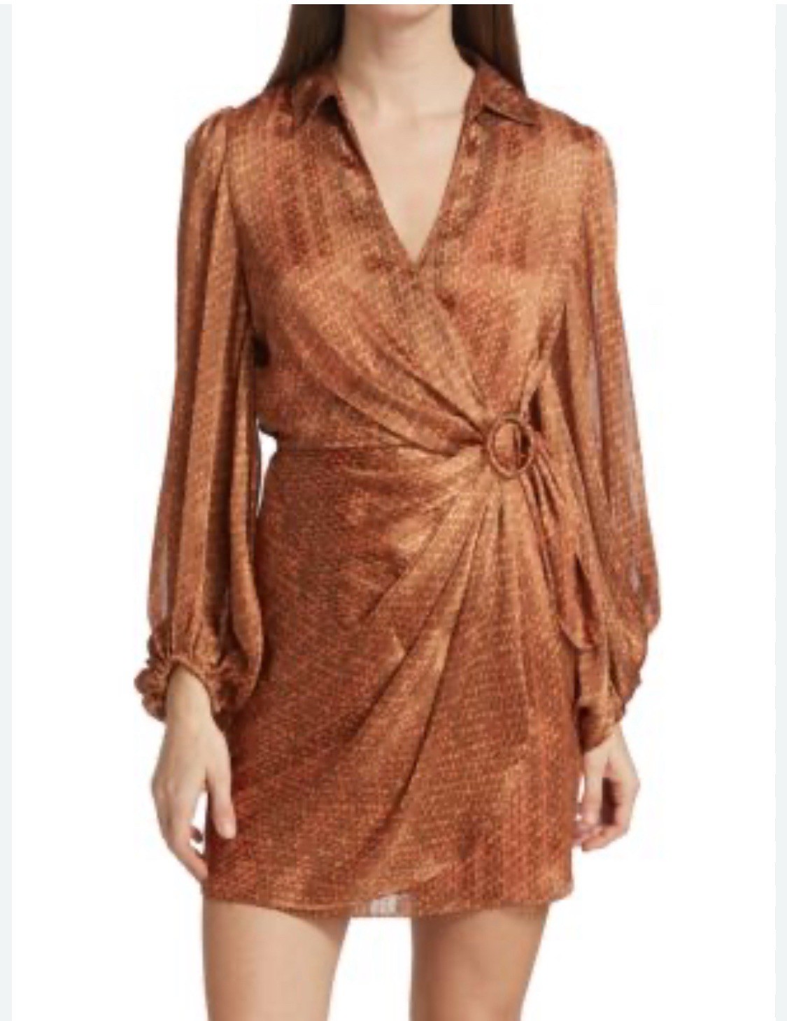 Bailey 44 Brown Orange Malaysia Wrap Flowy Satin Dress W/o Ring Belt Sz L