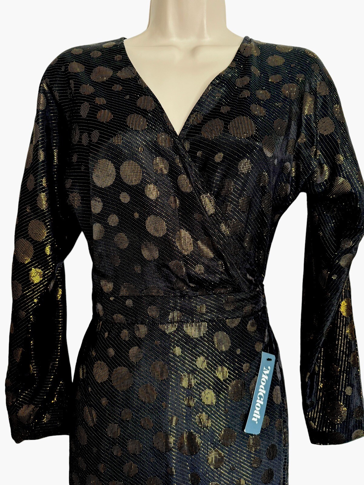 New Modcloth Golden Record Party Wrap Dress Womens Size small belted black gold