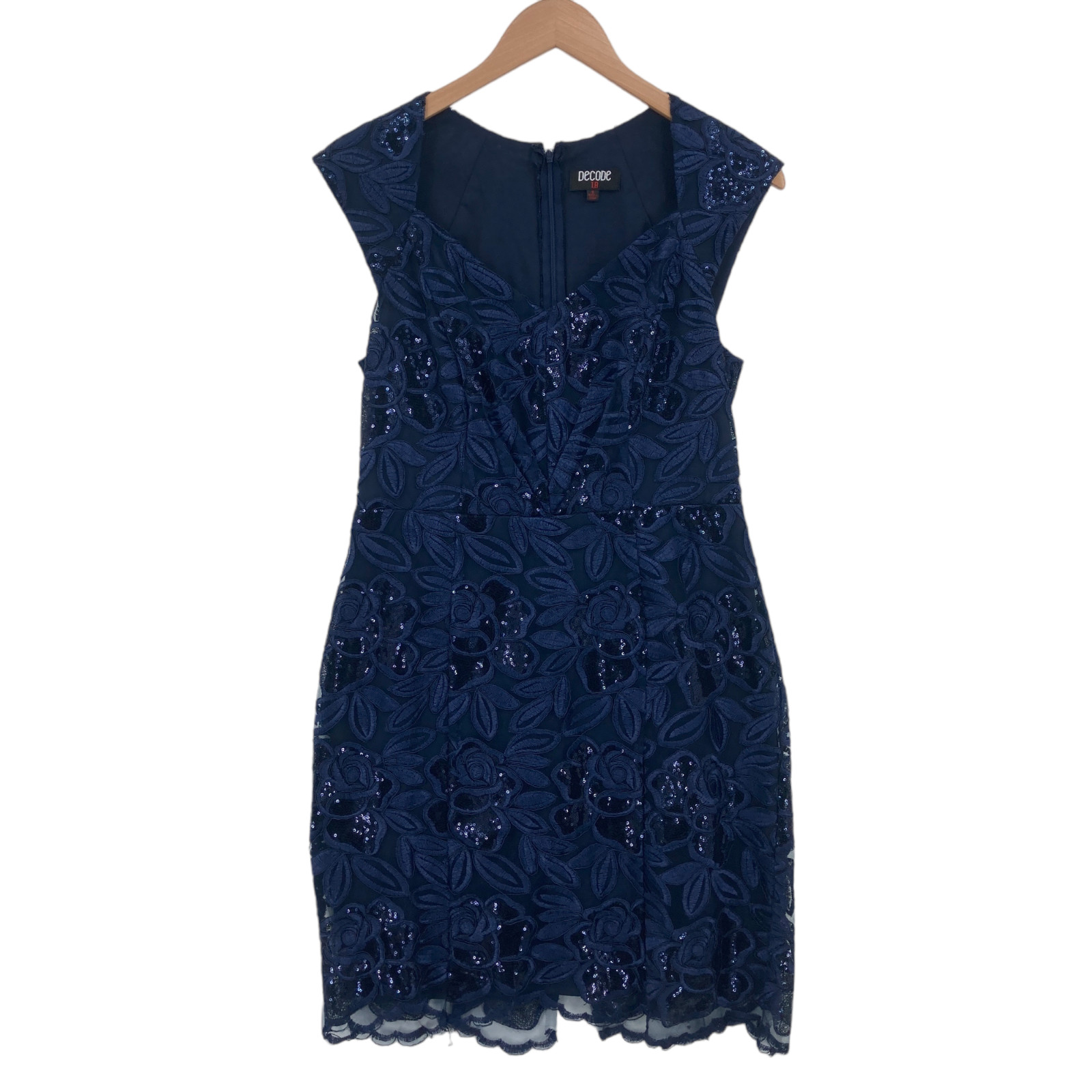 Decode 1.8 Sheath Dress Women Size 8 Navy Floral Sequin Sweetheart Neck Back Zip