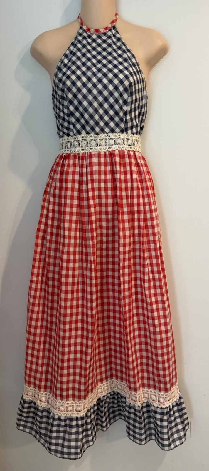 University Park 70’s Vintage Gingham Checkered Halter Maxi Dress Lace Trim sze 5