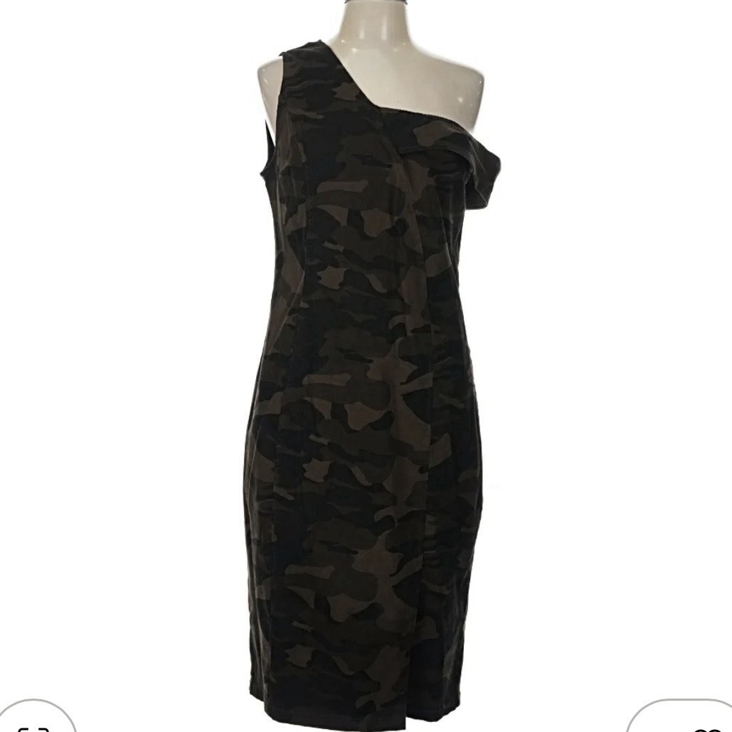 New York & Company One-Shoulder Olive Camo Bodycon Dress Sz Medium