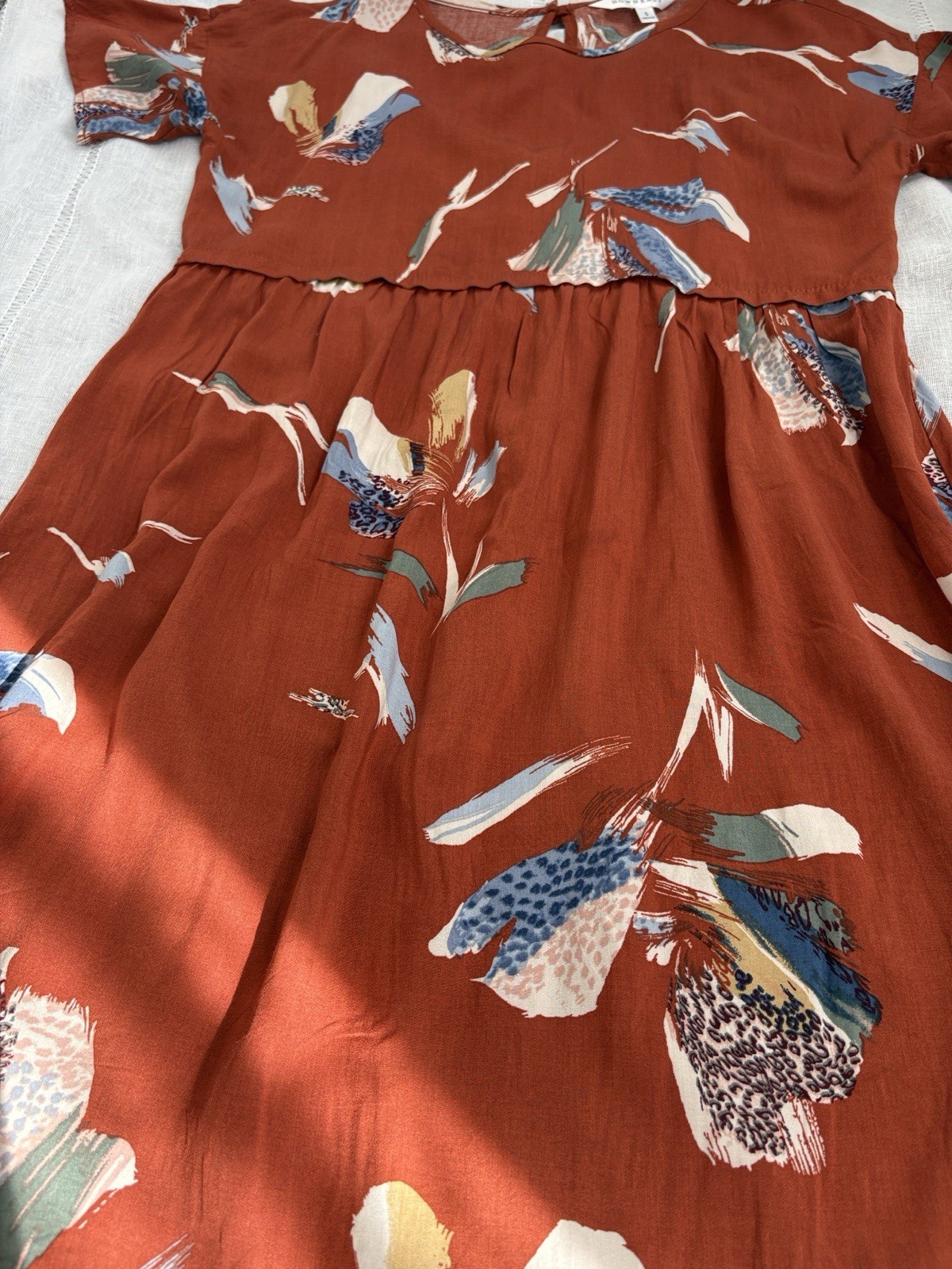 DownEast Rust Floral Midi Dress with Blue & Cream Accents