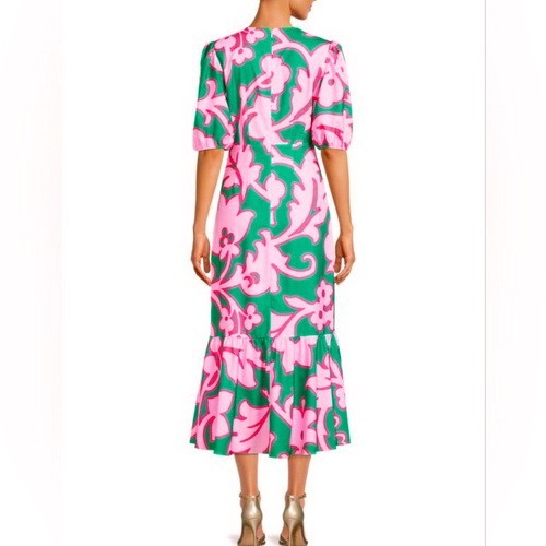 Rhode Ester Pink Green Floral V-Neck Midi Puff Sleeve Midi Dress Size 2 $585