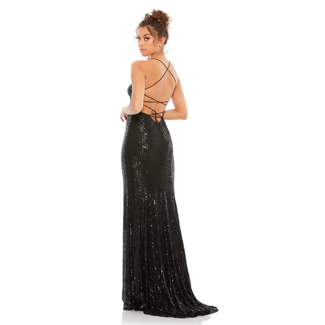 Mac Duggal 26269 Black Stretch Sequin Lace Up Back Evening Gown Size 8