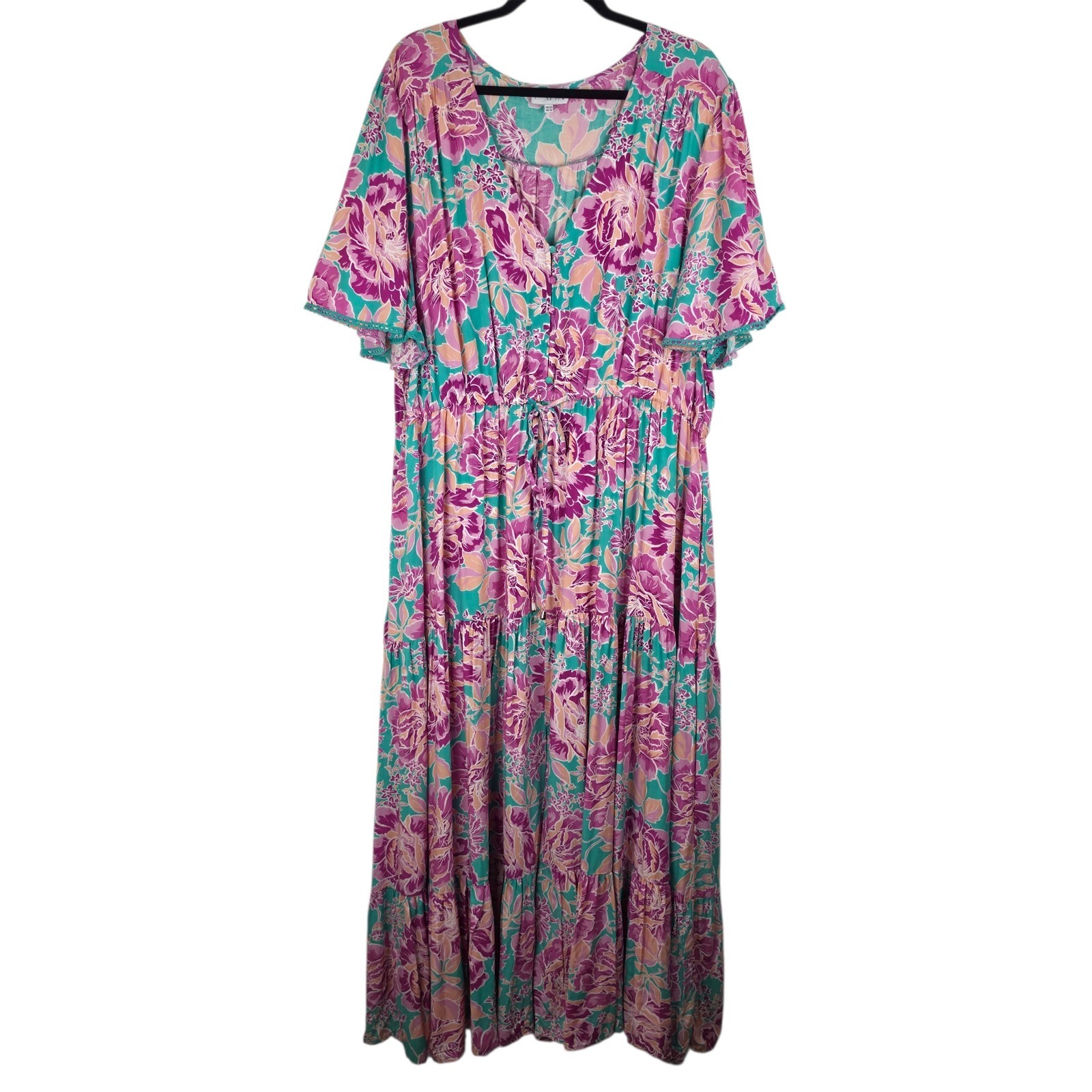 Proud Poppy Dress US Plus Sz 18 Pink Floral Maxi Tiered Boho Resort Cottagecore