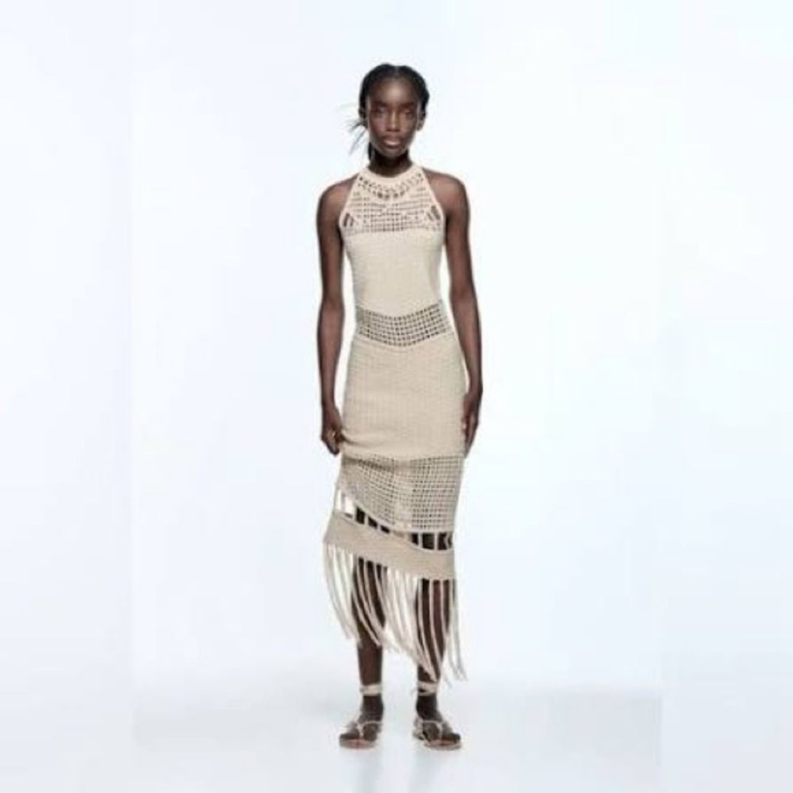 Zara NWT Crochet Fringe Midi Dress Boho Chic Beachy Sundress Cover Up