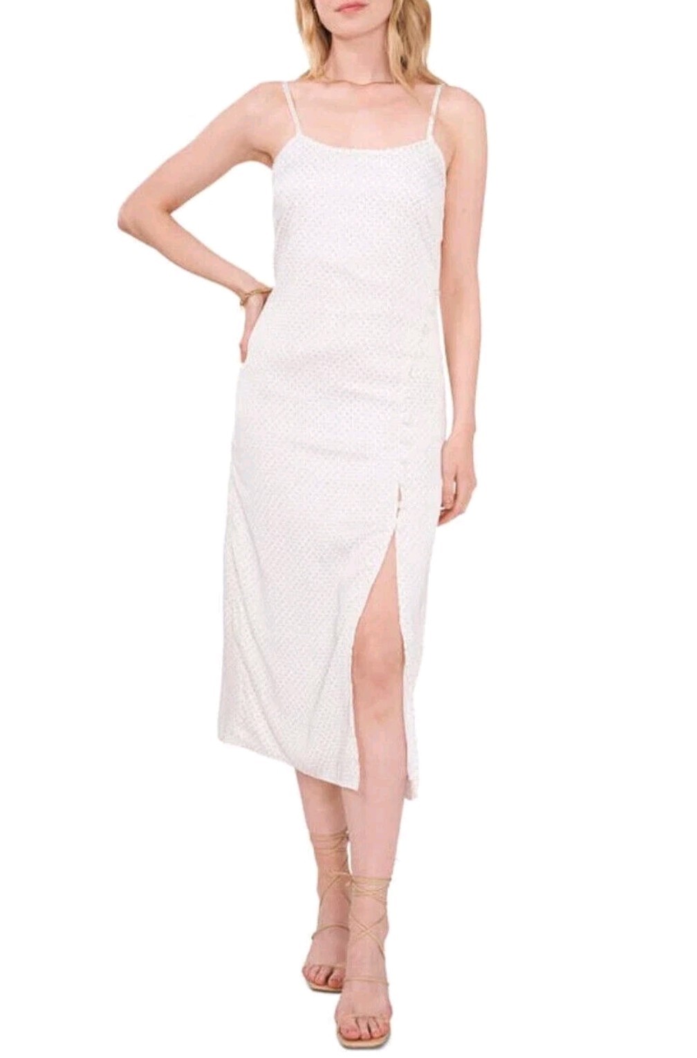 SIZE 2, 1. State, satin ivory slip on dress with asymmetrical front & dots, NWT