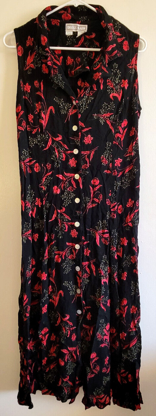Vintage Dress Barn Dress Size 6 Floral Black and Red Button Front Sleeveless