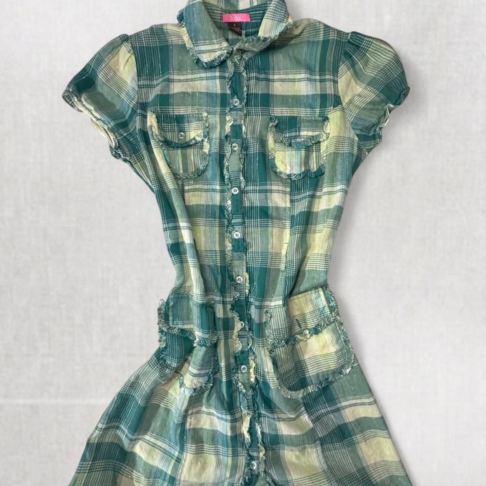 Grunge Style Green and White Plaid Collared Button Midi Dress