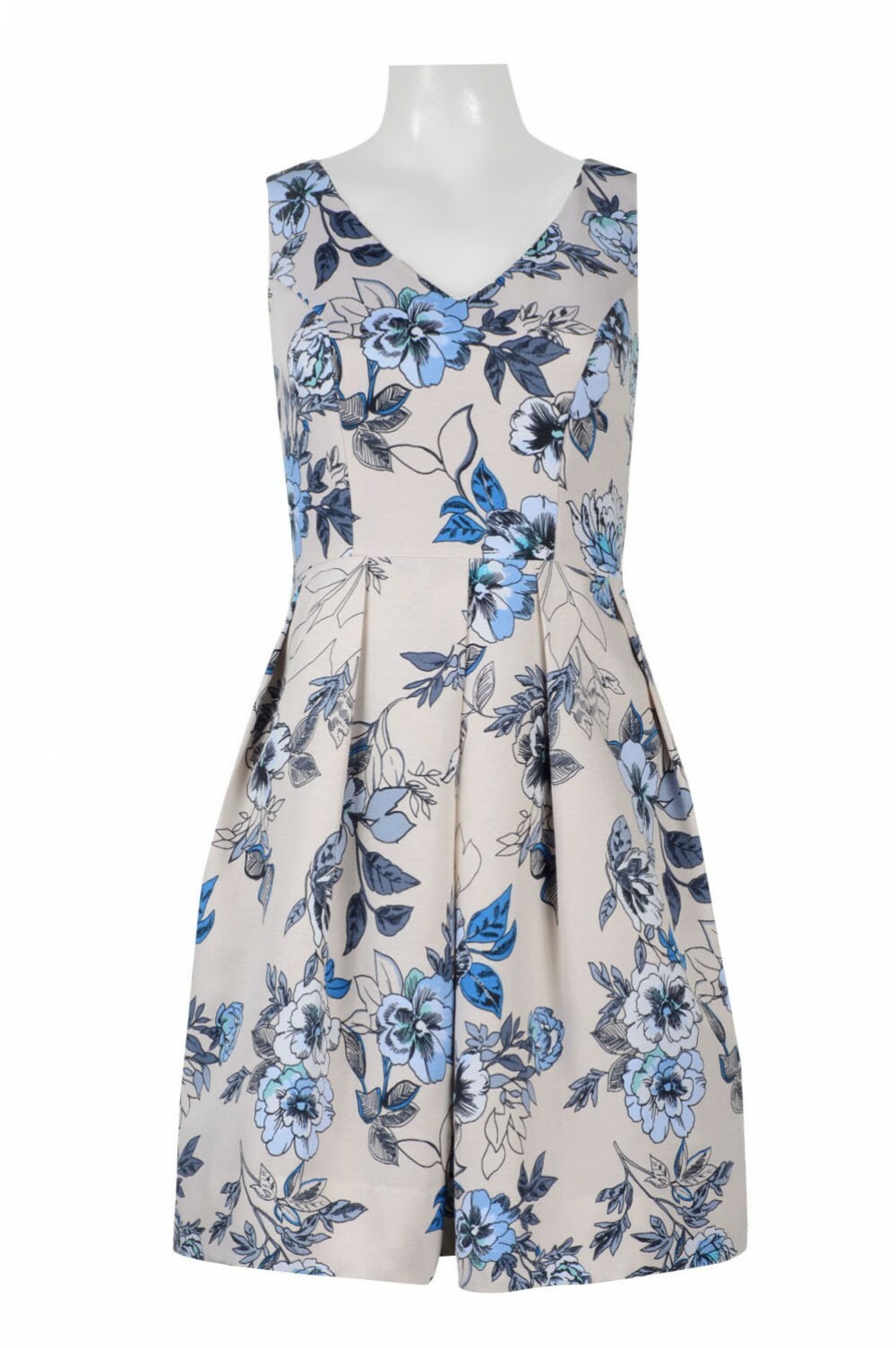 Blue Beige Day Dress Size 14 Floral Print Fit Flare Faille Taylor NWT
