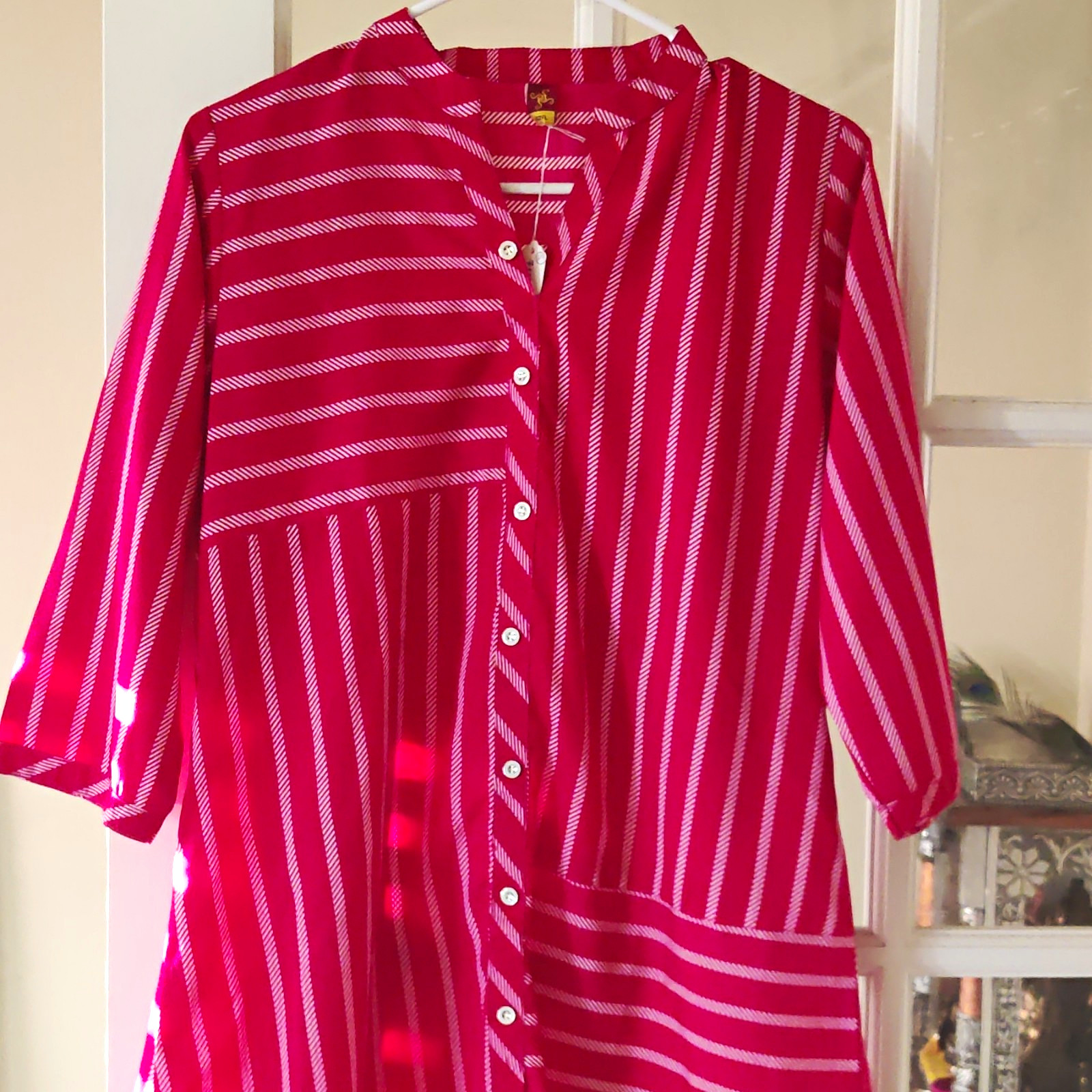 Pink & White Striped Shirt Dress, Button-Front Collared 3/4 Sleeve S