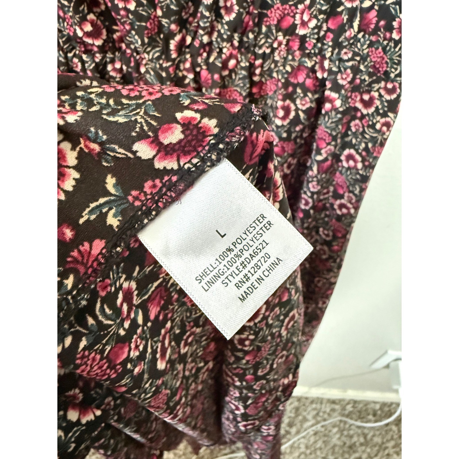 Francescas Miami Black Floral Print Faux Wrap Tie Maxi Dress Boho Peasant L