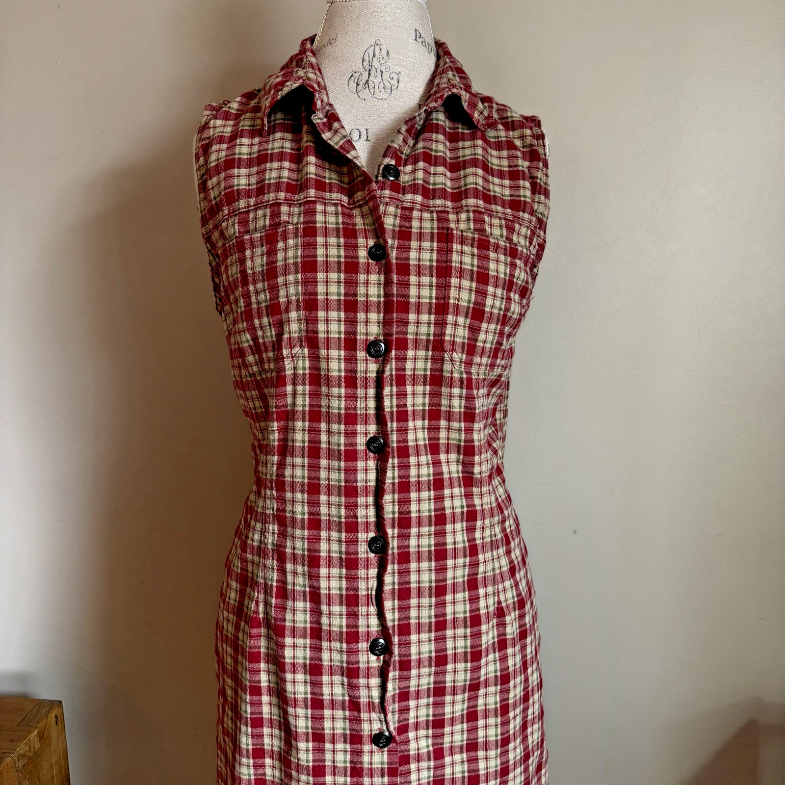 Red Plaid Sleeveless Maxi Dress Sz L 90s Y2K Grunge Western Cottagecore