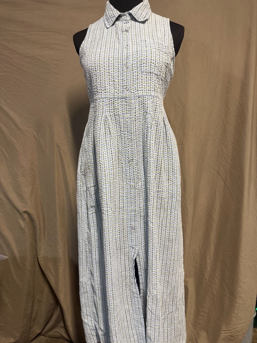 Moda International Women’s Sleeveless Waffle Textured Button-Down Midi Dress Blu