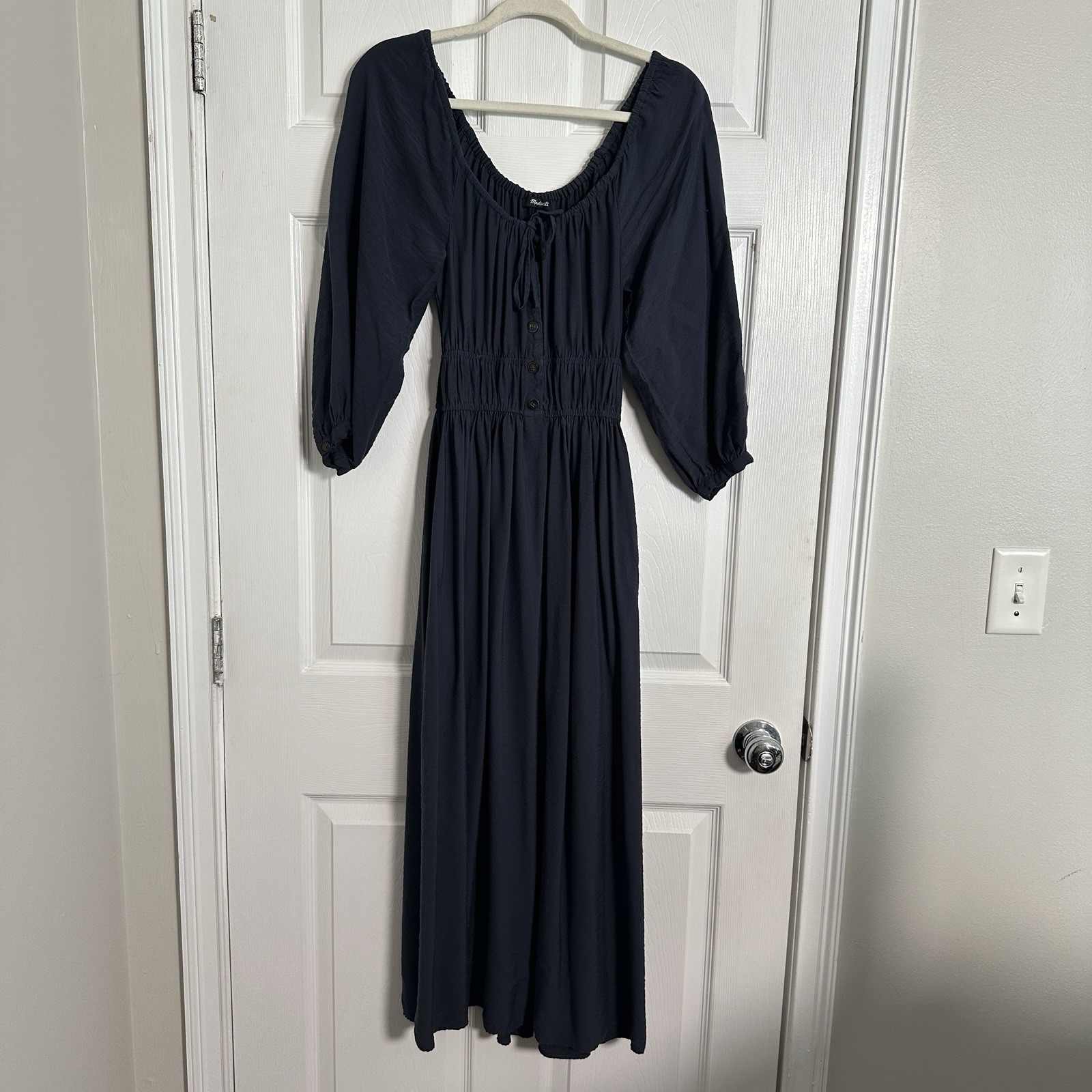 Madewell Blue Solid Scoop Neck A-Line Midi Dress 3/4 Balloon Sleeve Pockets