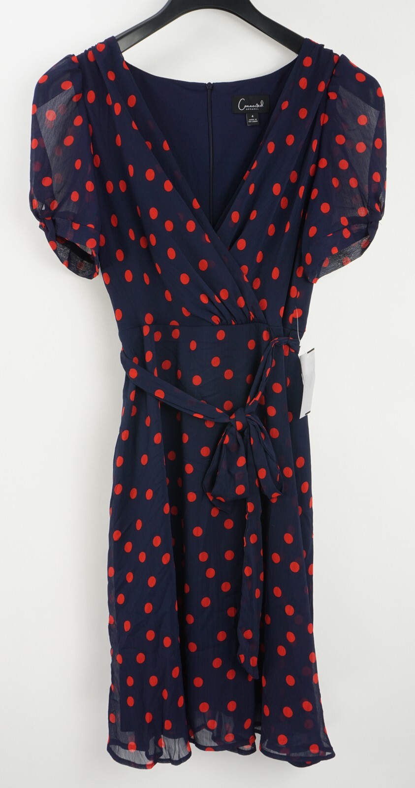 New Connected Apparel Womens 4 Navy Blue Red Polka Dot Chiffon V-Neck Mini Dress