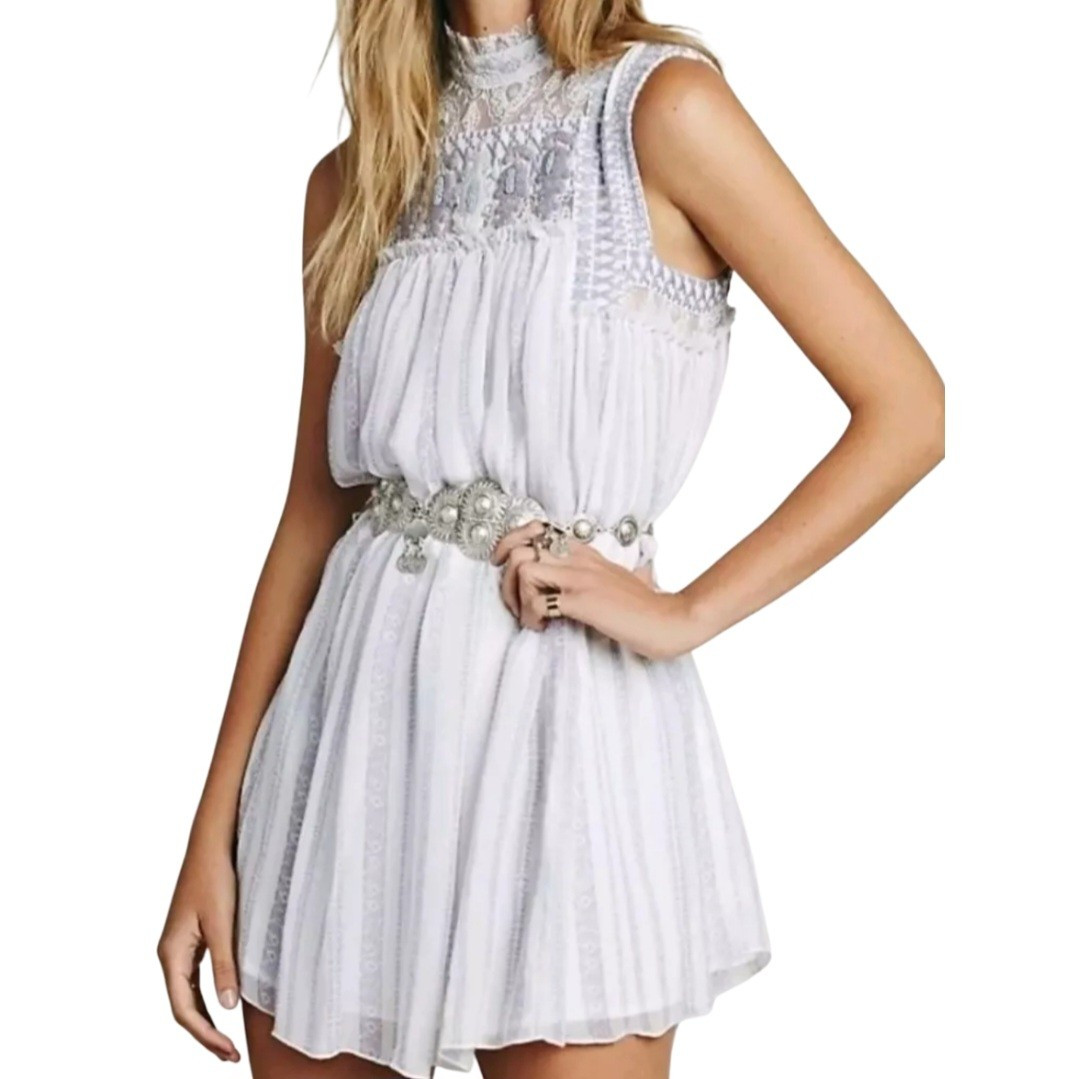 Free People Shift Dress S Ivory Lavender Embroidered Penny Georgette Babylon