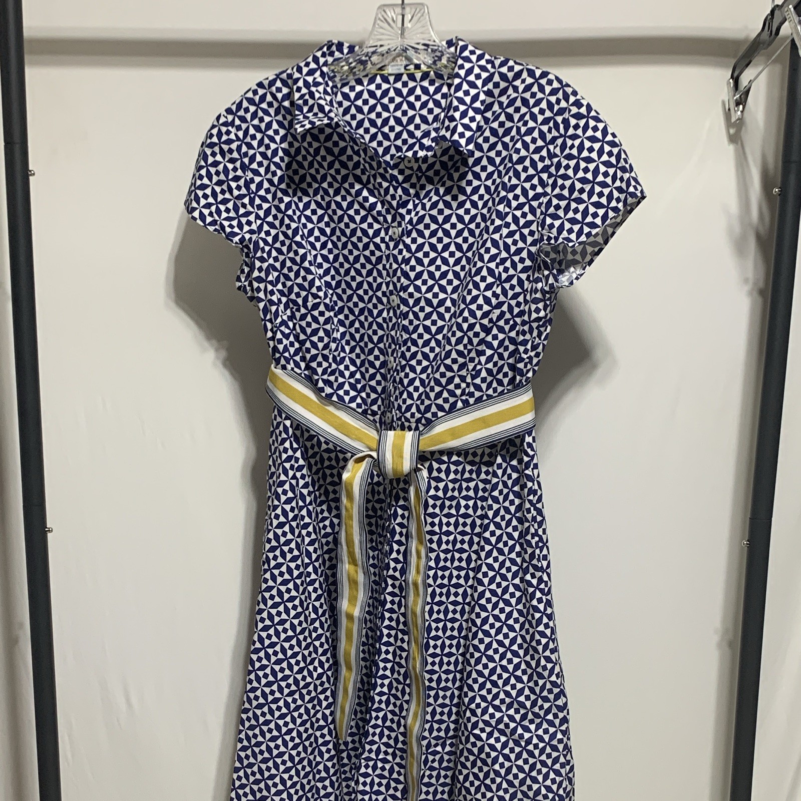 Boden Geometric Shirt Dress Blue/White/Yellow Collared Button Belt Pockets 10P