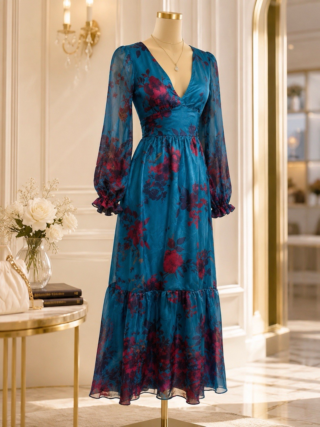 INA Teal/Purple Floral V-Neck Balloon Sleeve Ruffle Maxi Dress S