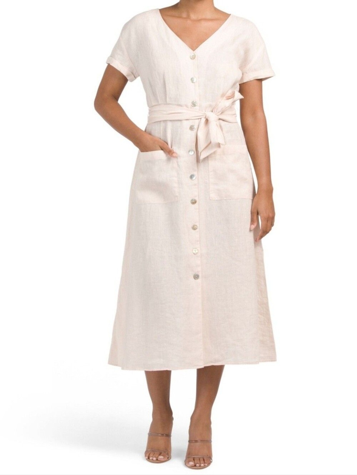 Rachel Zoe Light Coral Beige Linen Button Front Belted Coastal Chic Midi Dress