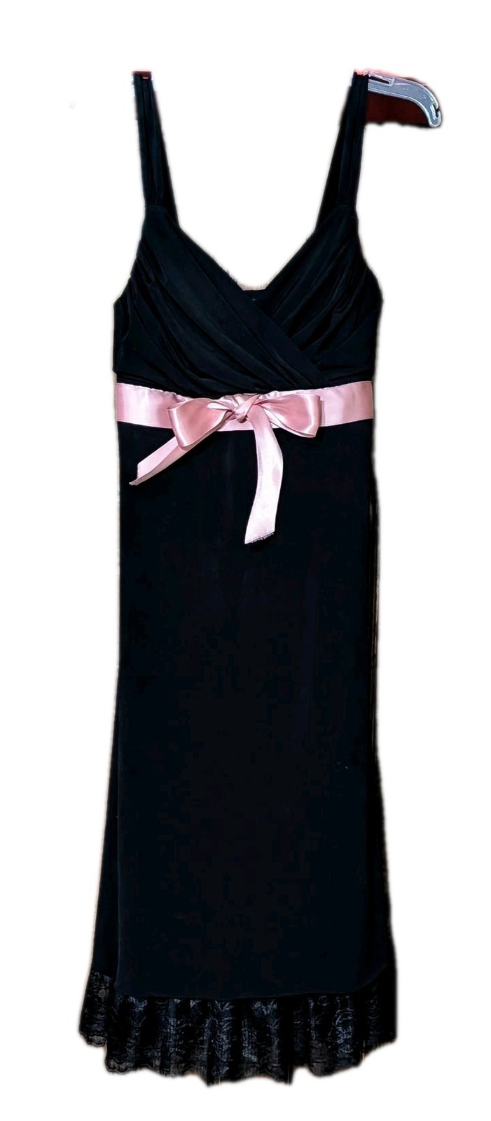Women’s Black Dress With Lace Accents And Pink Ribbon Bow At Waist Size Medium