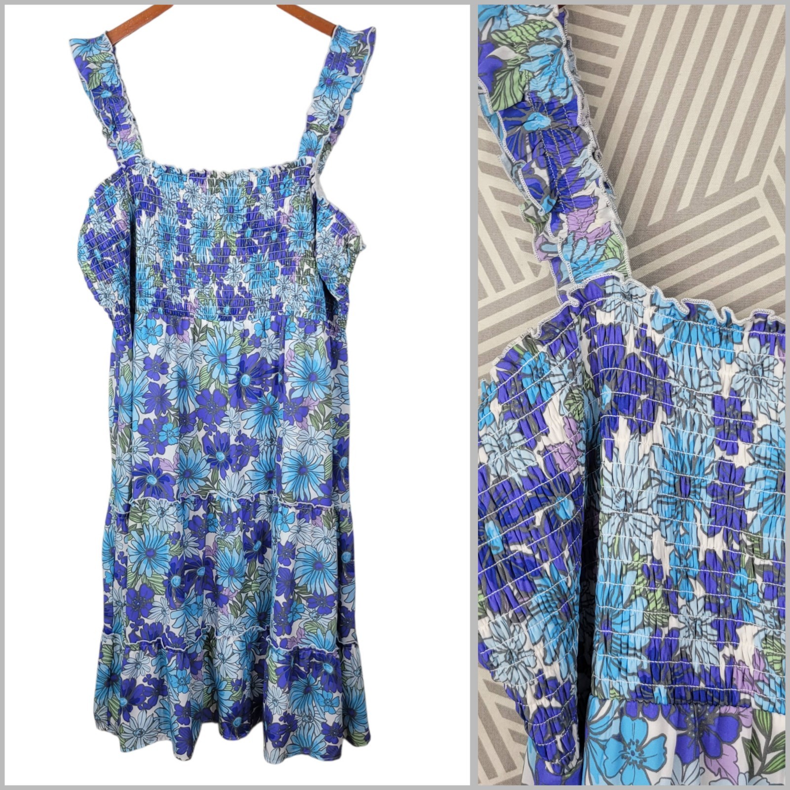 As U Wish Plus Size 3X Shirt Dress Midi Shirred Stretch Top Floral Blue Daisy