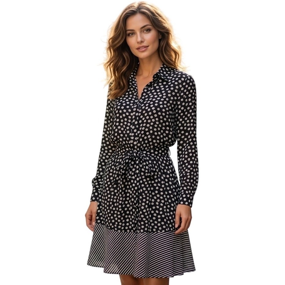 Junarose Polka Dot Striped Dress Womens Size 14 Black White Belted Waist Career