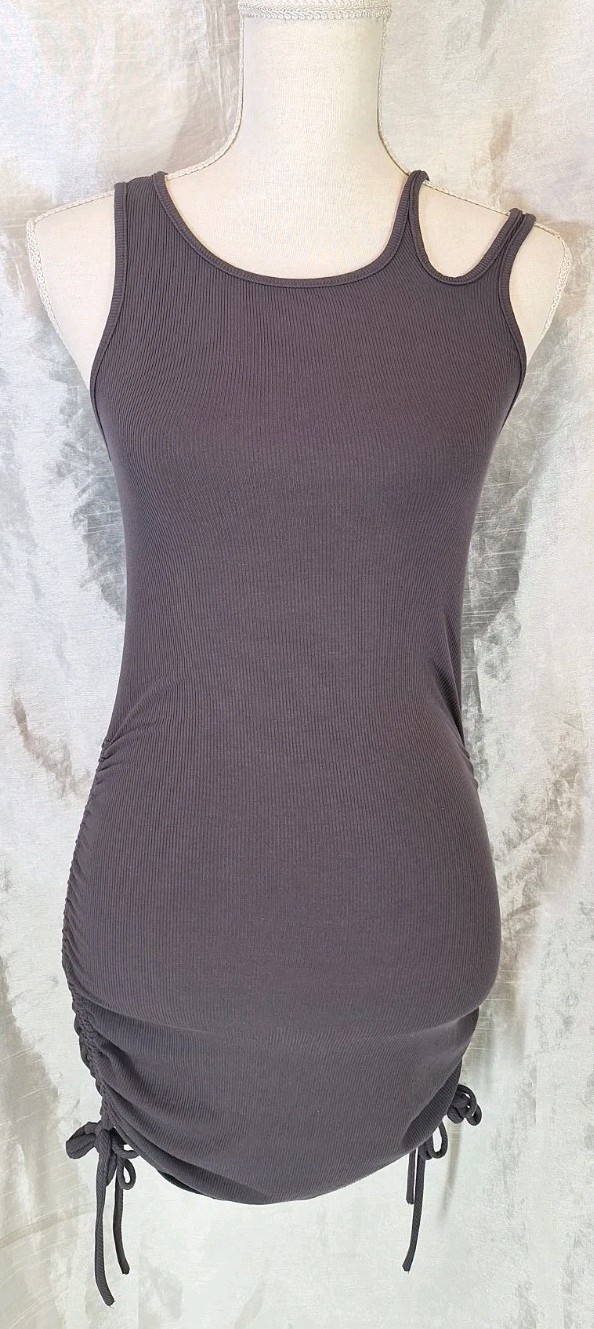 IJOAH XS Ribbed Bodycon Mini Tank Dress Asymmetrical Neck Drawstring Cinch Sides