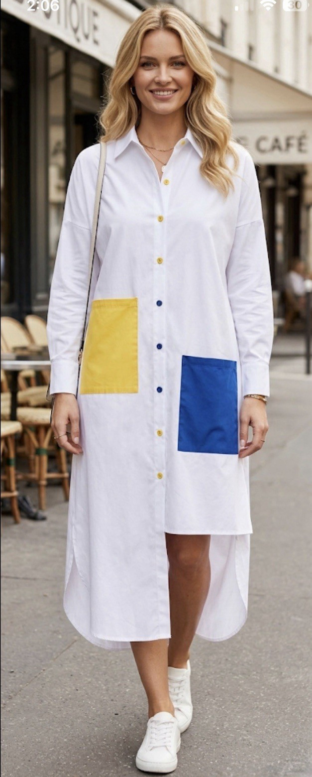 Dash and Dot white poplin fabric with striking yellow and blue pockets one size