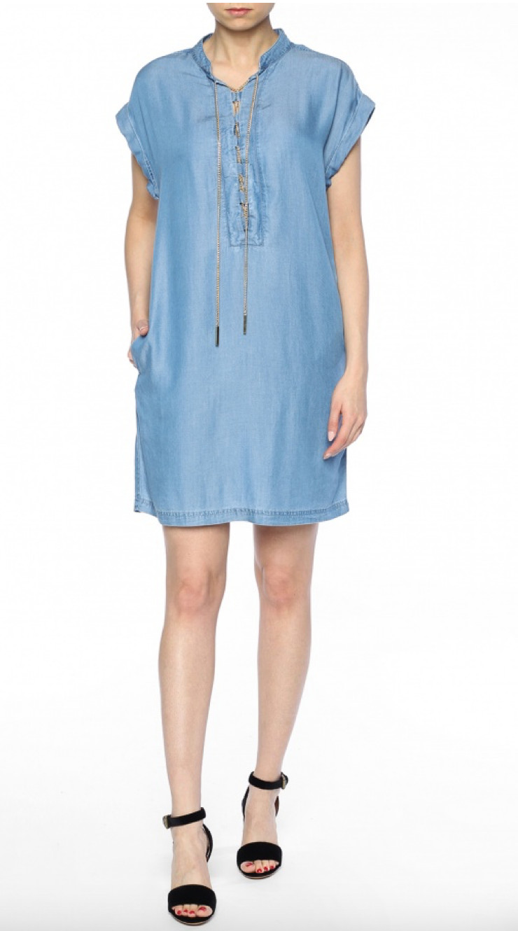 MICHAEL KORS BLUE CHAMBRAY DENIM LACE-UP SHIFT DRESS SIZE LARGE RRP £175.00 VGC