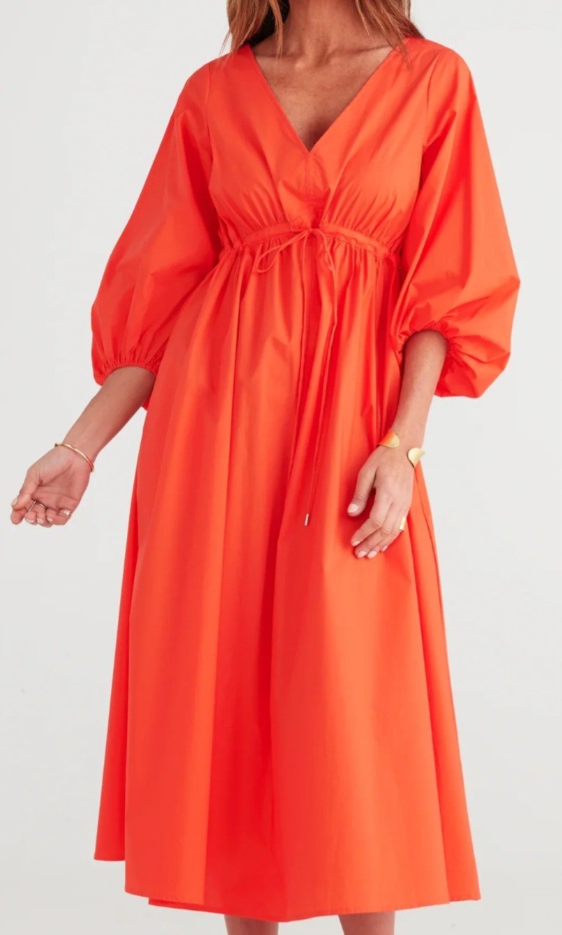 Brave + True Sunshine Cotton Poplin Midi Dress Vibrant Mandarin Orange Color