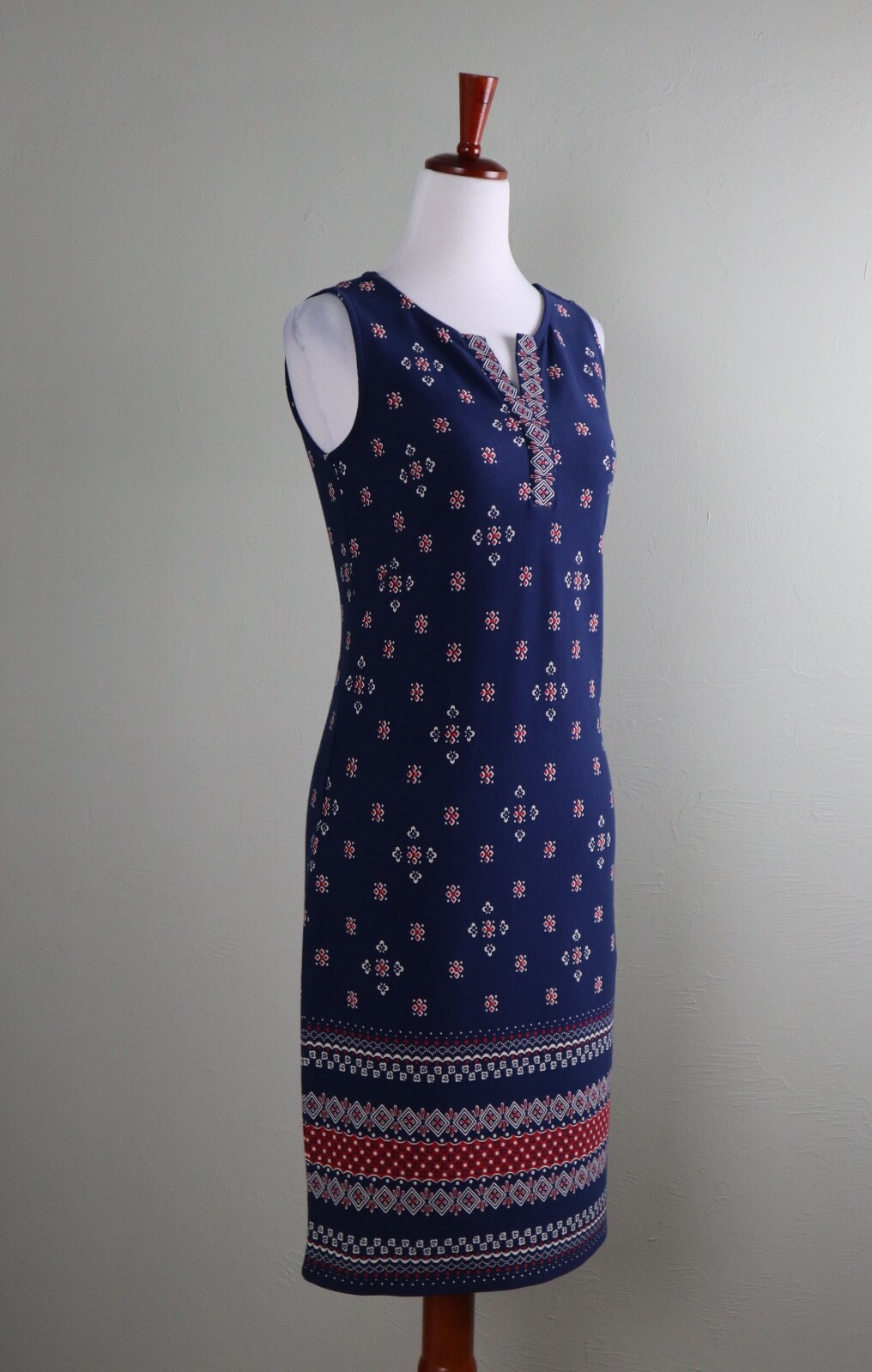TALBOTS NWT $99 Navy Stretch V-Neck Border Hem Printed Tank Dress Size Petite