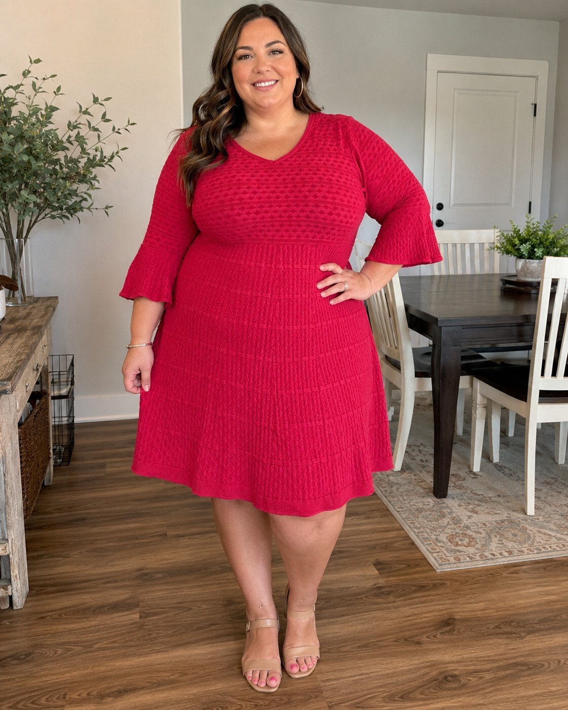 Liz Claiborne Woman 2X Red Textured Knit Dress with Bell Sleeves