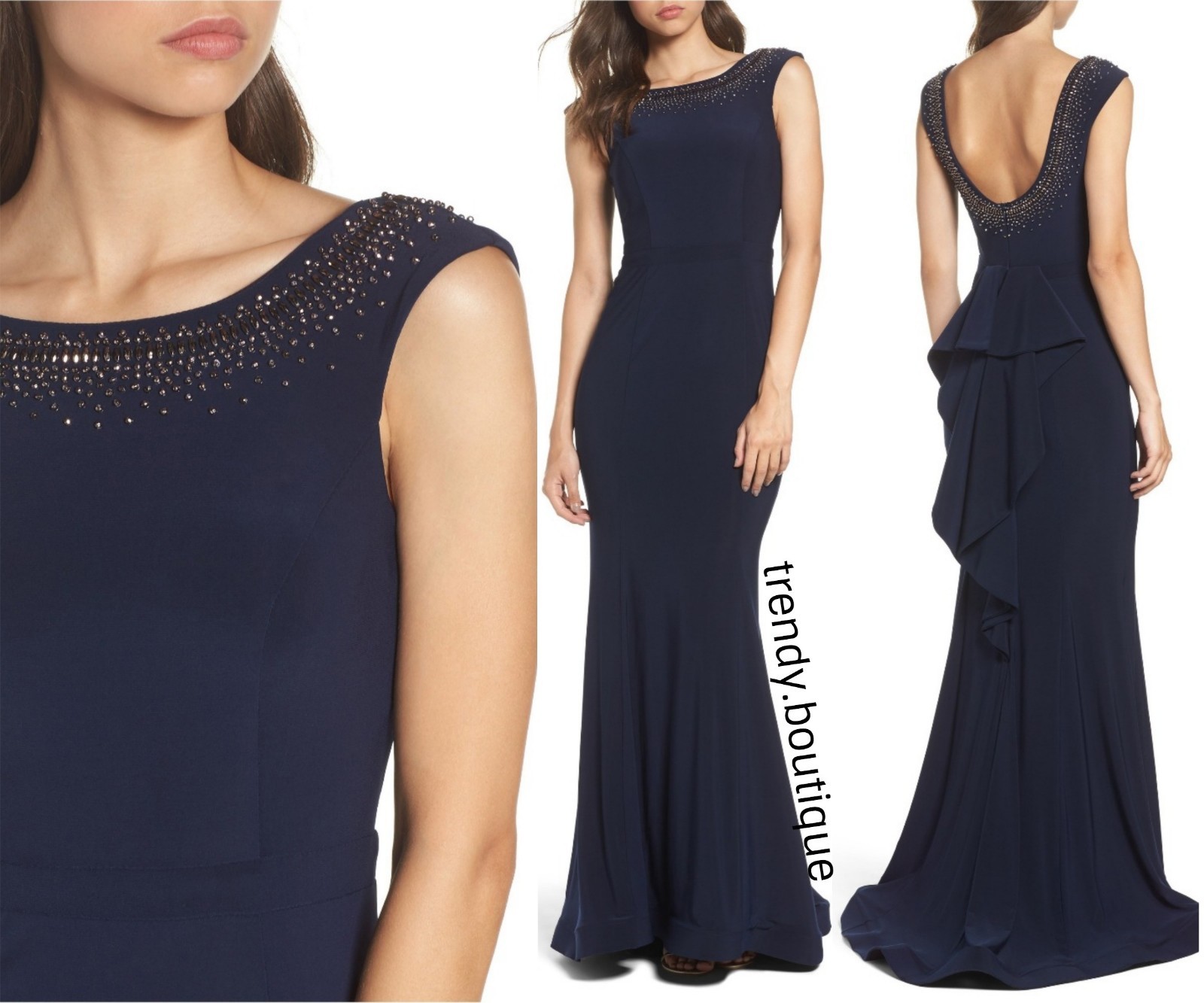 NEW Xscape Beaded Ruffle Back Jersey Trumpet Gown Navy [ 2 ] #e306