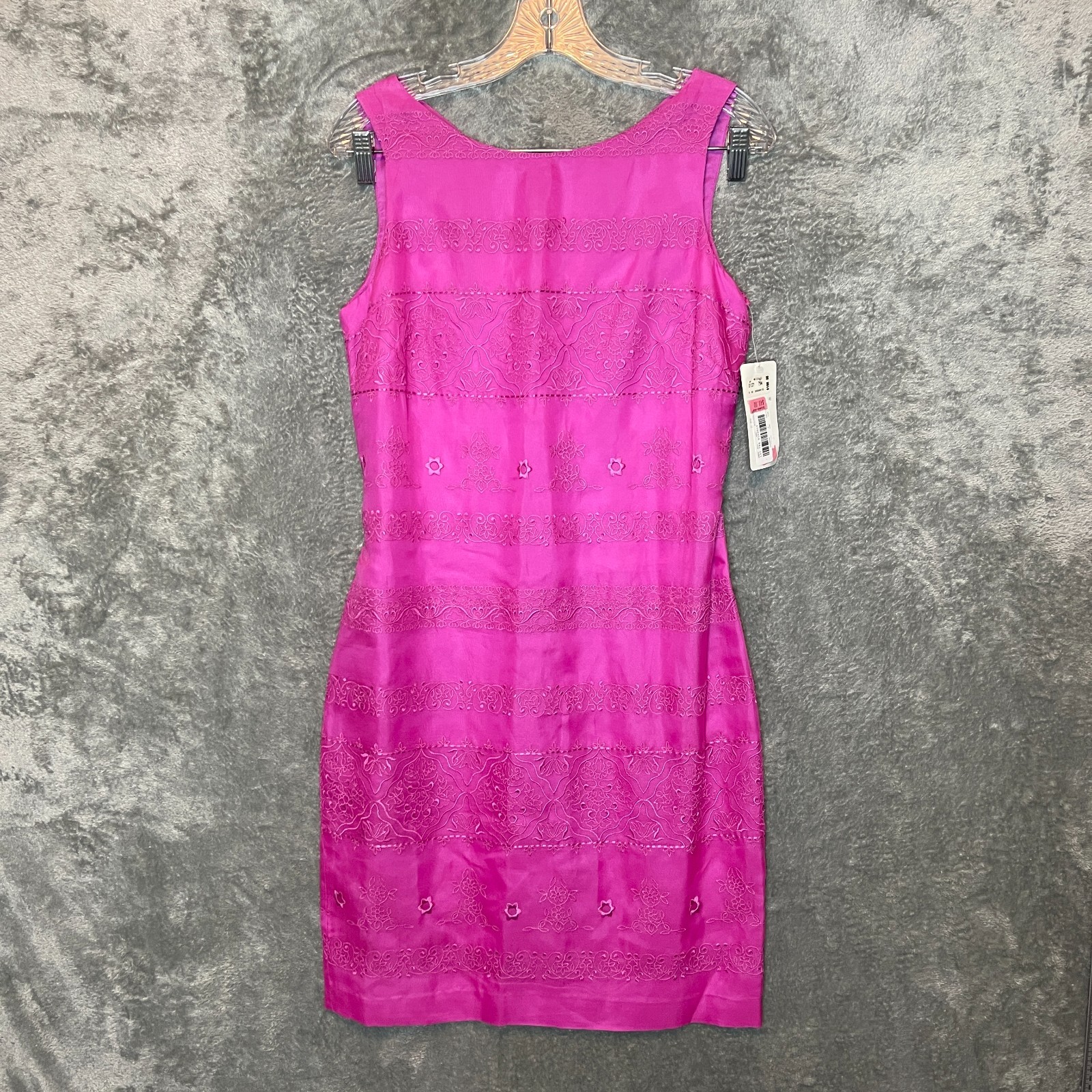 Vtg David Warren Women Embroidered Retro 60s Fuchsia Pink Silk Sheath Dress 6