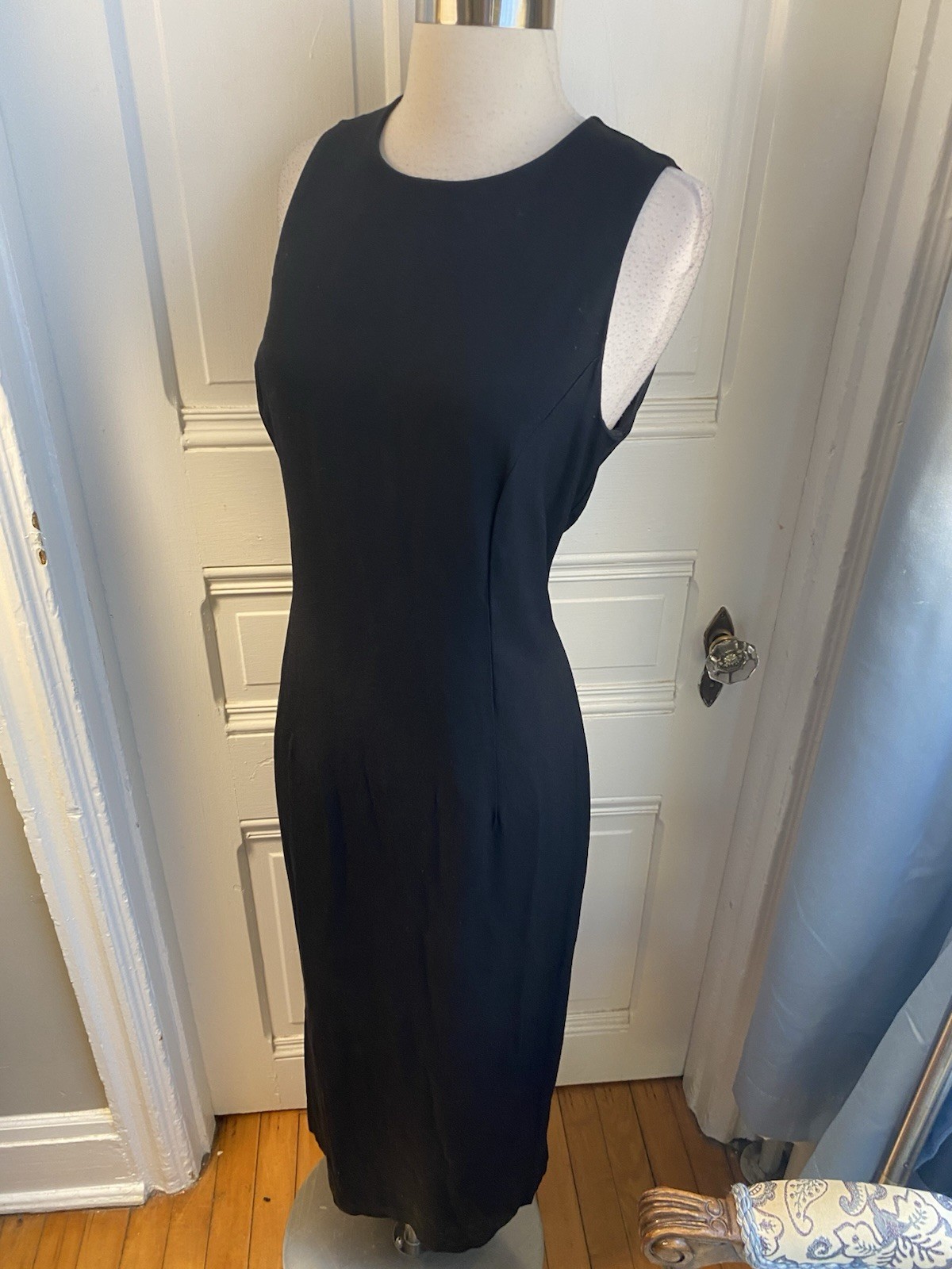 JR NITES BY CALIENDO LONG BLACK SHEATH DRESS-OPEN BACK RIBBON CLOSURE-SIZE12!
