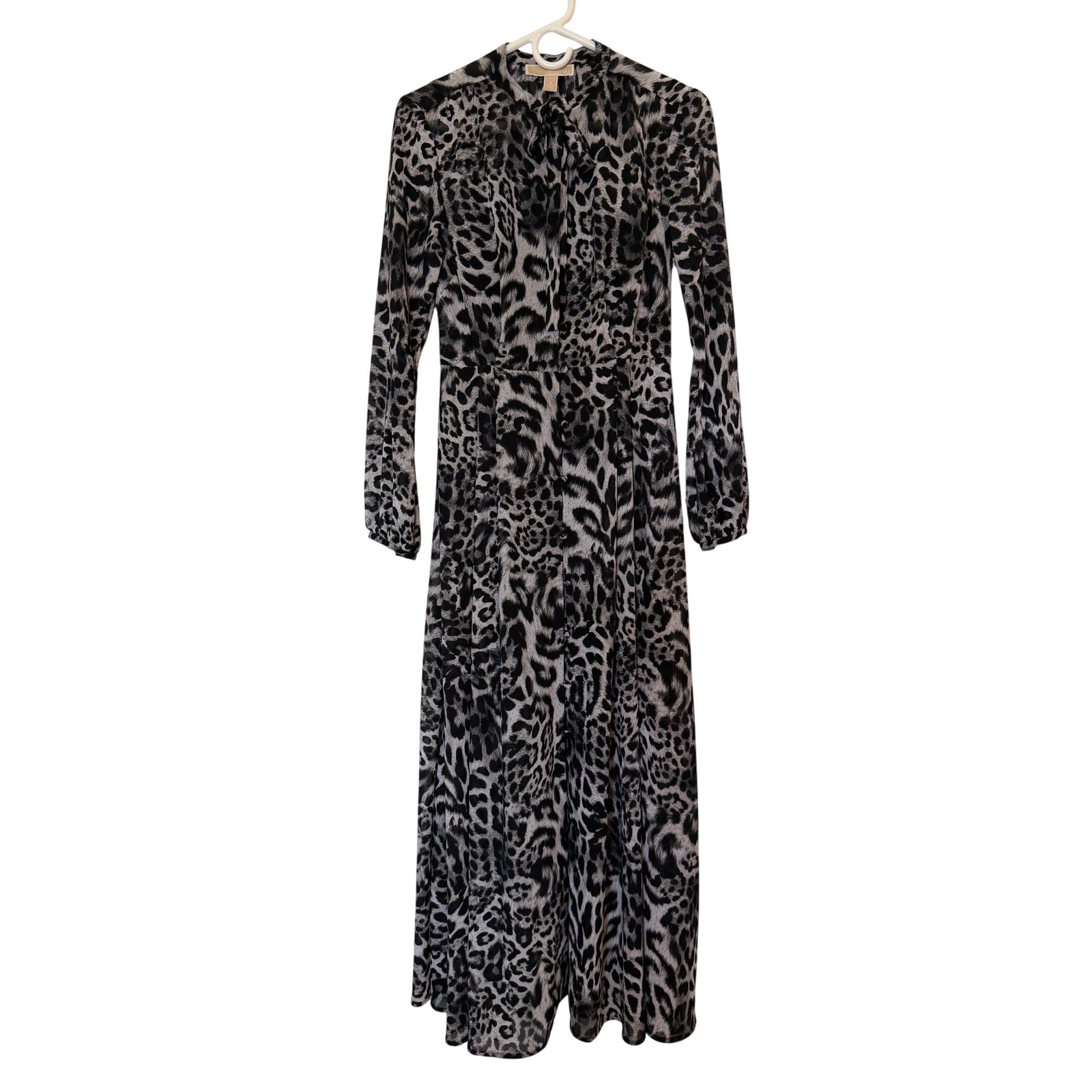 Michael Kors Leopard Print Maxi Dress Grey Black Chiffon Tie Neck Chic S