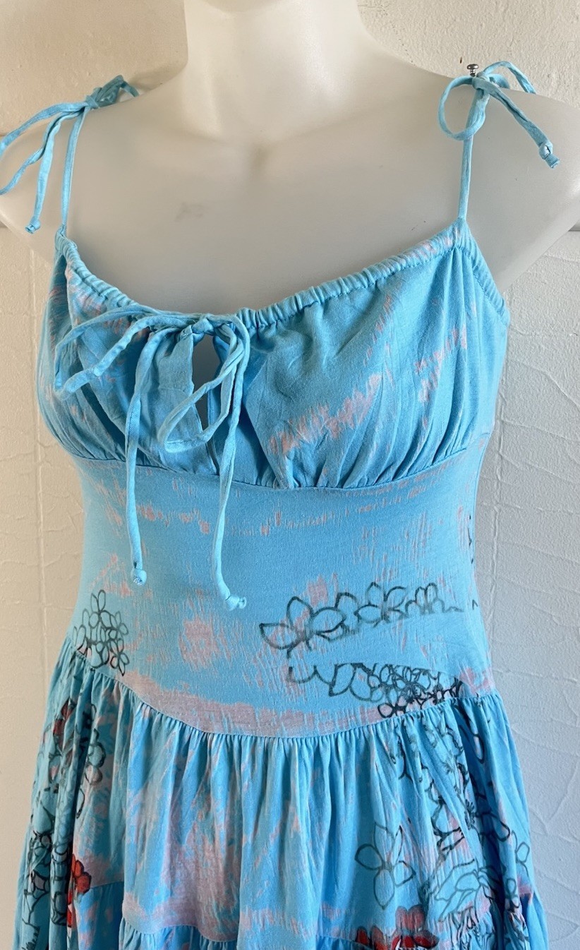 Vtg 1990s Y2K Butterfly Dropout Tiered Turquoise Tattoo Print Mini Dress-XS USA