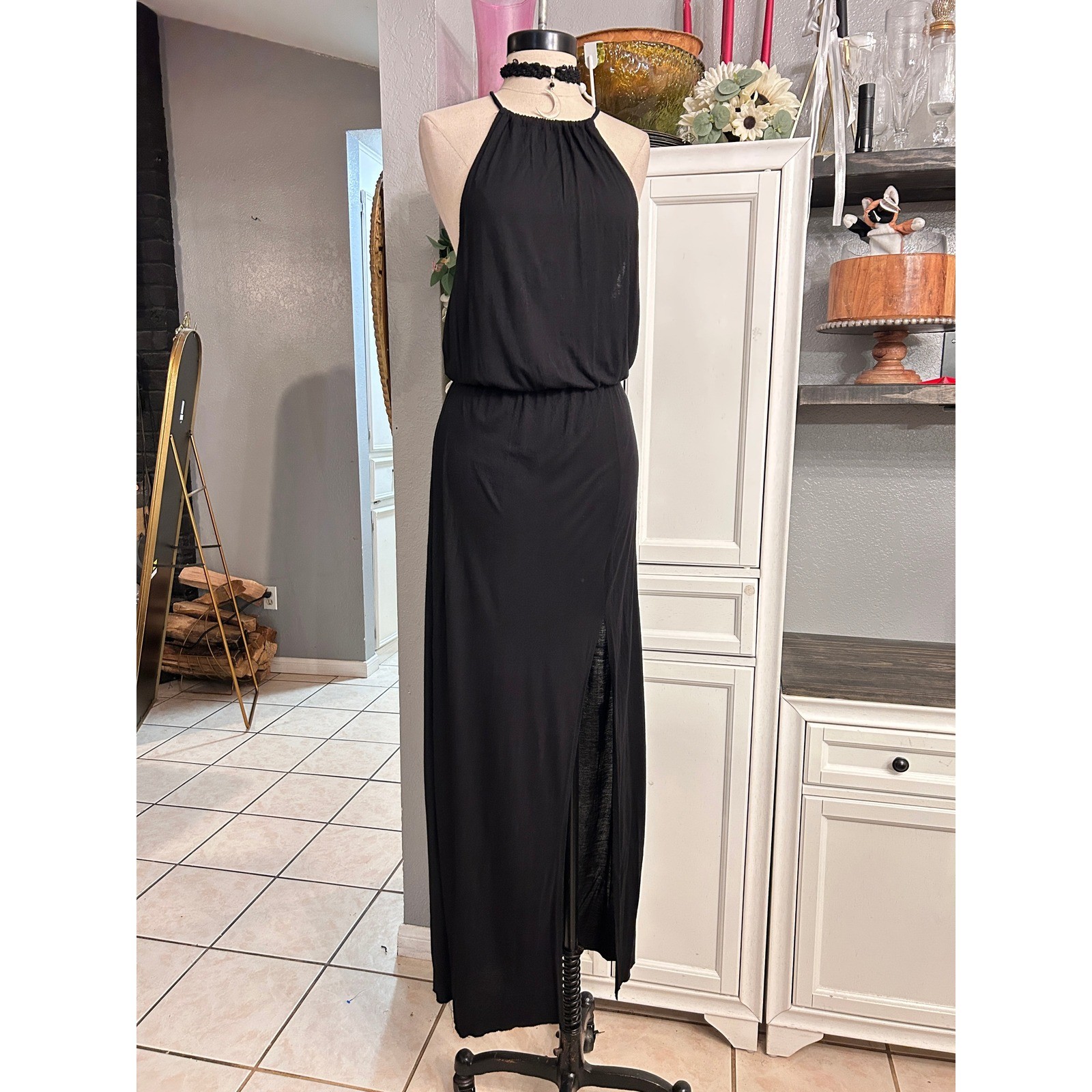 Black Halter Maxi Dress High Slit Elastic Waist Stretchy LARGE Summer Vacation