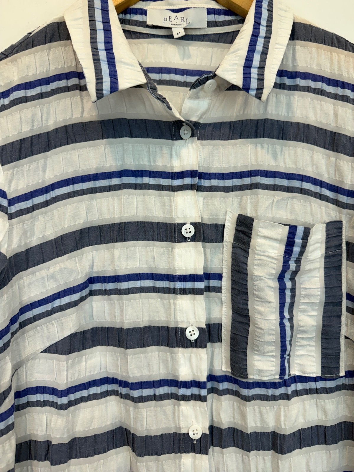 Pearl by Lela Rose Blue White Striped Button Front Tunic Shirt Dress Size Large