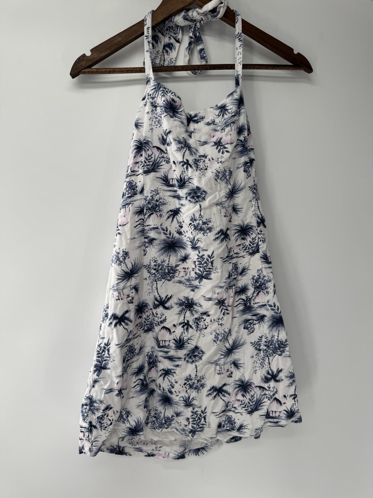 Linen Tropical Palm Tree Halter Dress M Beachy boho resort vacation luau