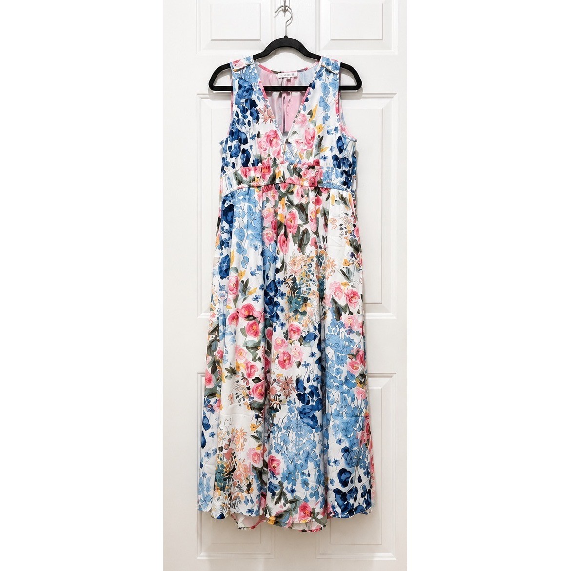 Flessibili Womens XL Floral V-Neck Sleeveless Maxi Dress Blue Pink White NWT
