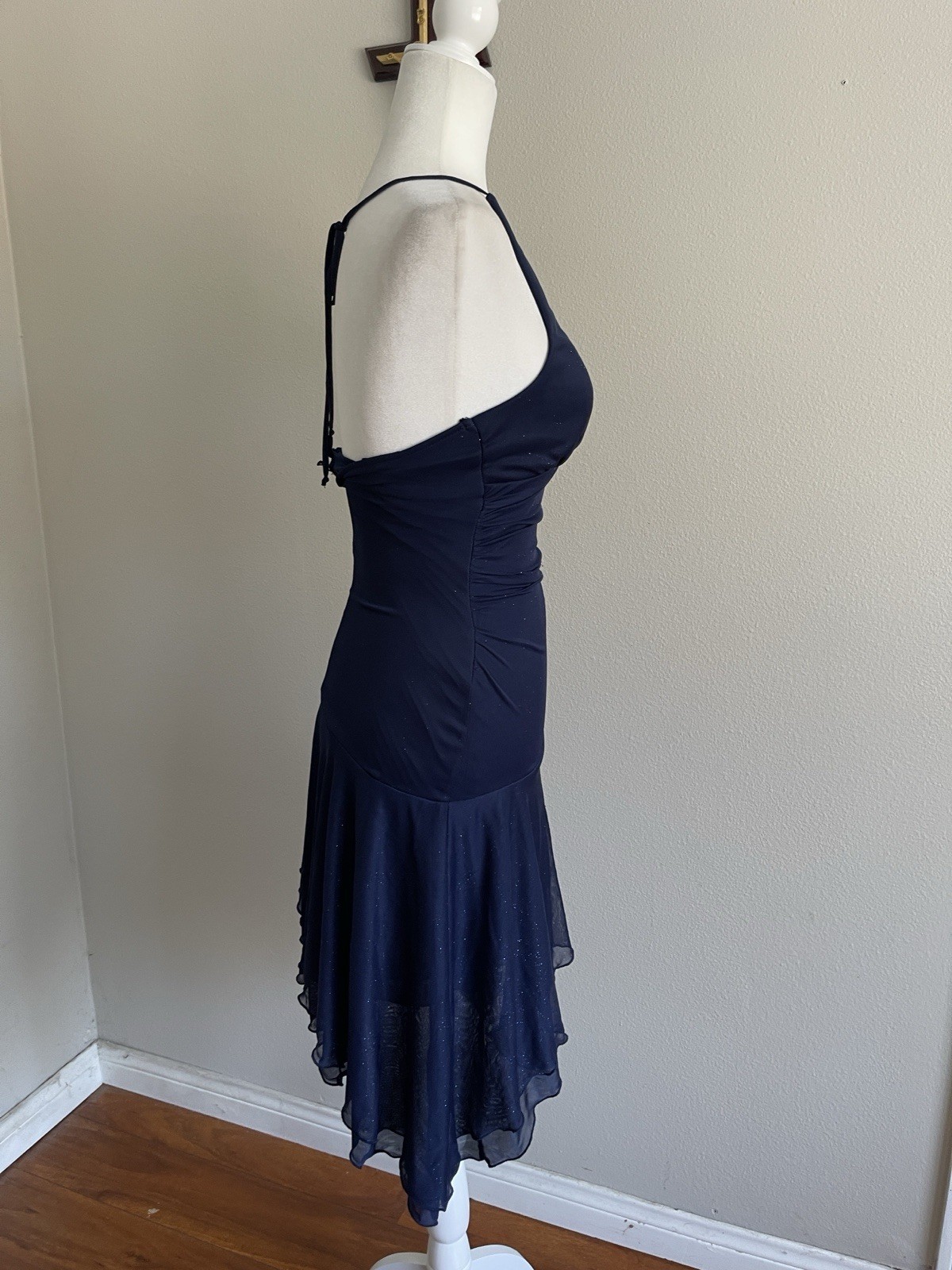 City Studio Vintage Navy Blue Sparkly Asymmetrical Halter Dress Size S