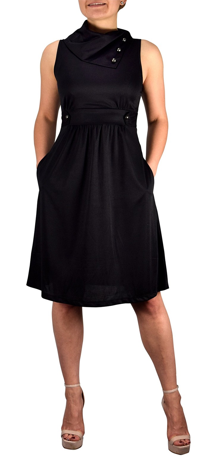 Womens Vintage Fold Over Collar Sleeveless Swing Dress Casual Black X-Large